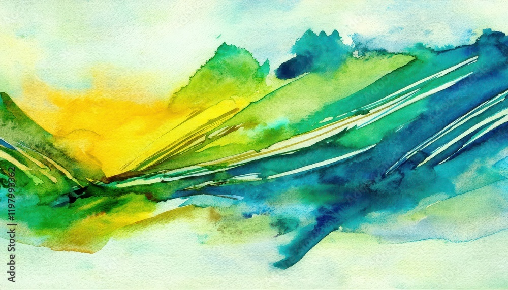 Vibrant and Expressive Abstract Watercolor Painting showcasing a Dreamy Palette of Swirling Blues, Greens, and Yellows, with Layers of Texture and Emotion. Vibrant and Expressive Abstract Watercolor Painting showcasing a Dreamy Palette of Swirling Blues, Greens, and Yellows, with Layers of Texture and Emotion.