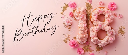 Eighteenth Birthday Cake with Pink Frosting and Flowers