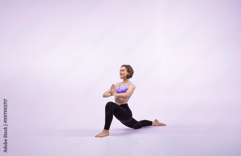 Full body length gaiety shot athletic and sporty woman doing healthy and meditative yoga exercise workout posture on isolated background. Healthy active and body care lifestyle Full body length gaiety shot athletic and sporty woman doing healthy and meditative yoga exercise workout posture on isolated background. Healthy active and body care lifestyle