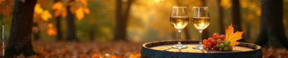Obraz premium Two glasses of white wine rest on a rustic wooden barrel, surrounded by autumn foliage and warm lighting , glassware, fall ambiance, autumn