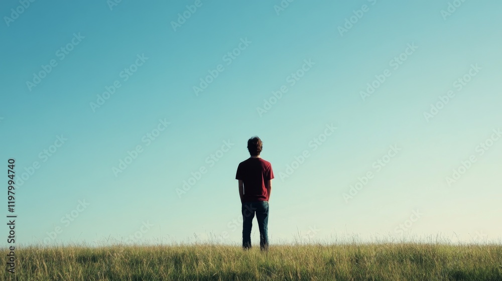 Boy standing in field, gazing at clear blue sky. Boy standing in field, gazing at clear blue sky.