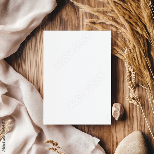 Boho styled blank white paper invitation card mockup, stationery template, natural organic beige decor with dried plants and flowers, real sunlight and soft shadows
