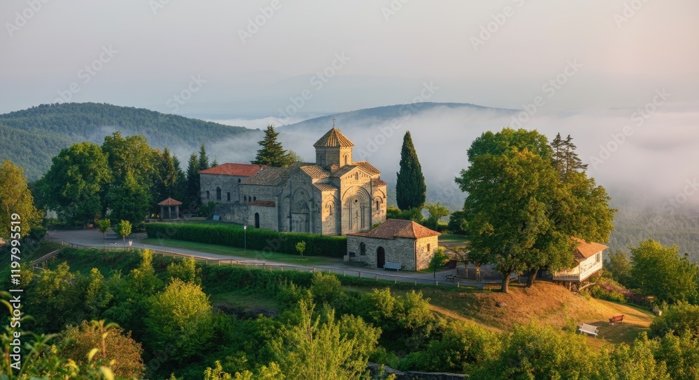 Obraz premium Stone church with scenic forested mountain view at sunrise