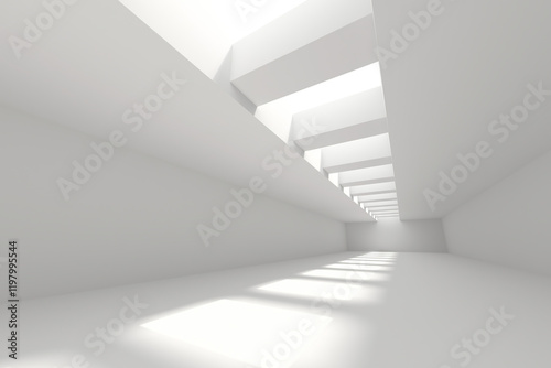 Minimalist architectural design featuring a bright white corridor with geometric skylights. 3d render.