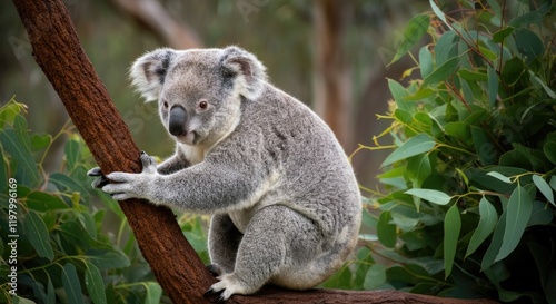 Koala perched on tree, surrounded by lush green foliage