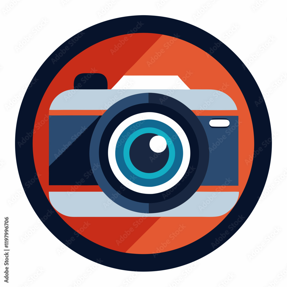 A stylized camera lens is centrally positioned within a circular frame, featuring bold blue, white, and red elemen