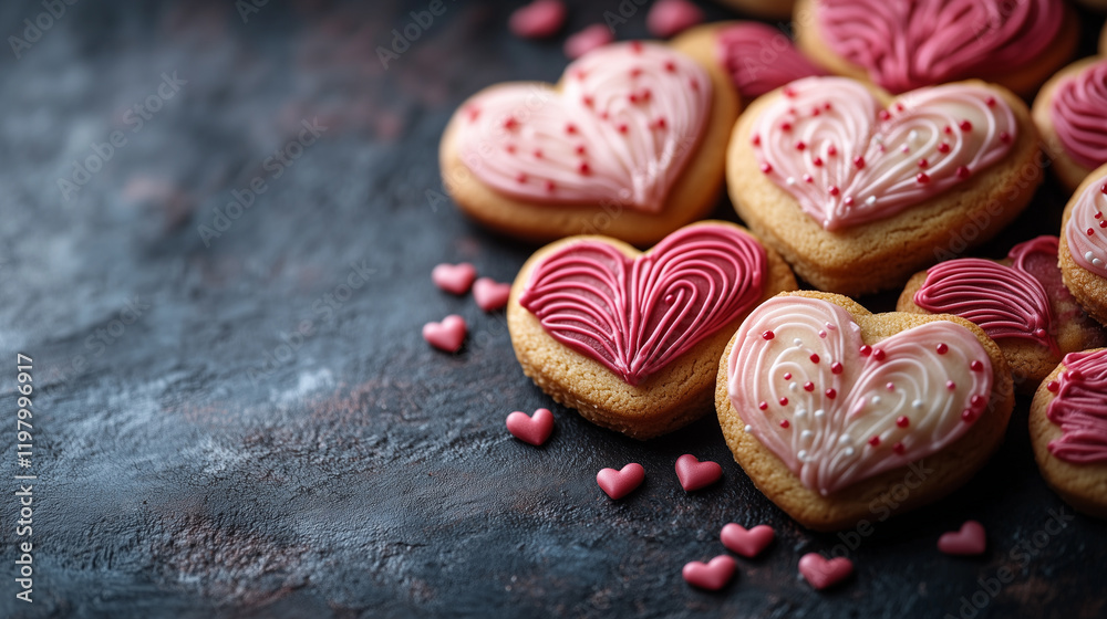 Obraz premium Flat lay of heart-shaped cookies decorated with pink and red icing, clean composition. Bright lighting, contrast with copy space for text