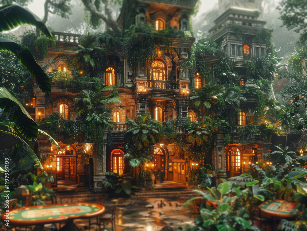 Obraz premium A composite digital art piece portraying an enchanted forest scene with a grand, partly submerged mansion, a door, and a courtyard The mansion showcases classical archit - Casino exotic interior
