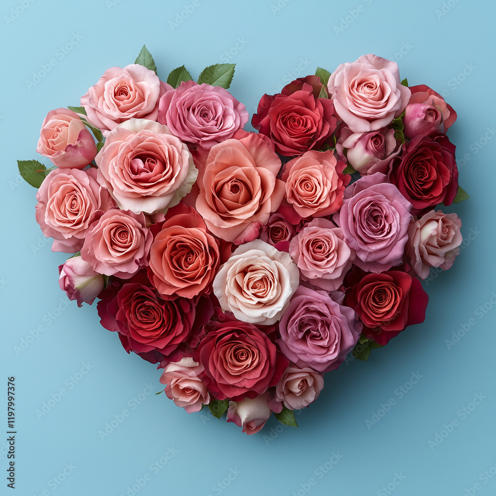 Flat lay of pink and red roses forming a heart shape, clean composition. Bright lighting, contrast with copy space for text Flat lay of pink and red roses forming a heart shape, clean composition. Bright lighting, contrast with copy space for text