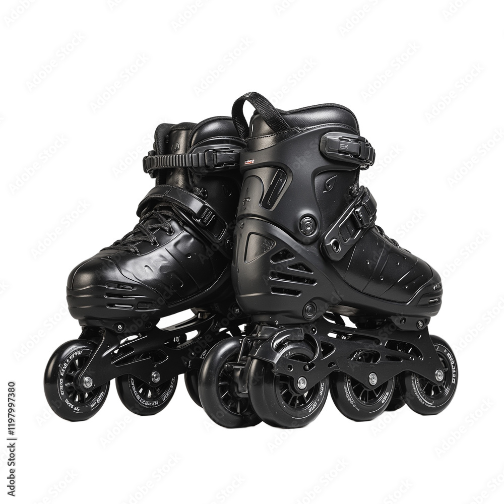 Sleek black inline skates with glossy finish on gray background Sleek black inline skates with glossy finish on gray background