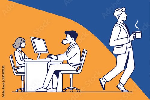 office workers, computer desk, teamwork, flat illustration, minimalist design, blue background, orange accent, business attire, profile view, swivel chairs, coffee mug, computer screen, digital worksp