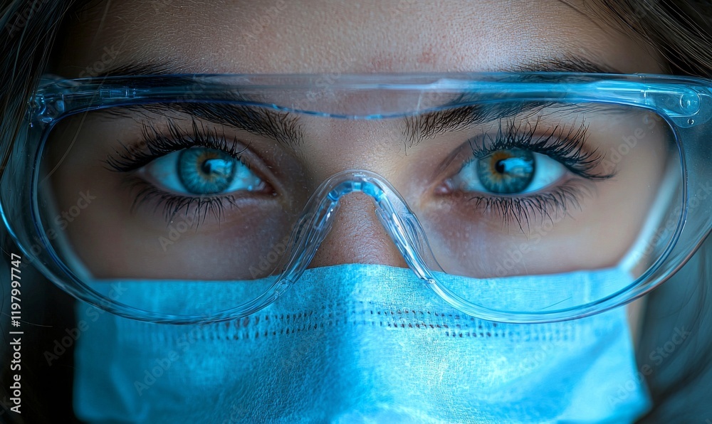 A close-up of a human eye with a clear reflection of safety glasses, highlighting sharpness A close-up of a human eye with a clear reflection of safety glasses, highlighting sharpness