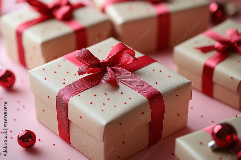 Flat lay of small gift boxes tied with red ribbons in a repeating pattern, pastel pink background. Bright lighting, contrast with copy space for text Flat lay of small gift boxes tied with red ribbons in a repeating pattern, pastel pink background. Bright lighting, contrast with copy space for text