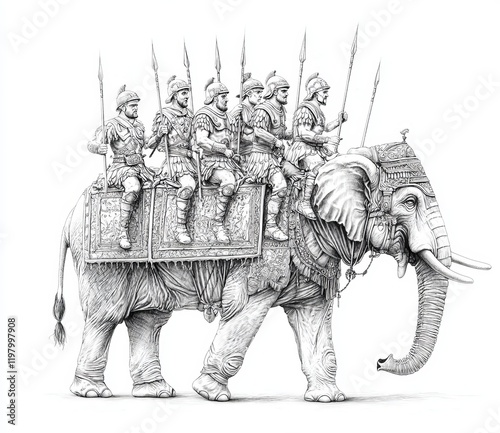 Ancient war elephants attacking. Historical artwork.
