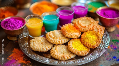 Traditional Holi feast table, featuring gujiya and colorful glasses of thandai other festive drinks gujiya beautifully arranged on traditional silver platter, with bright, colorful powders photo