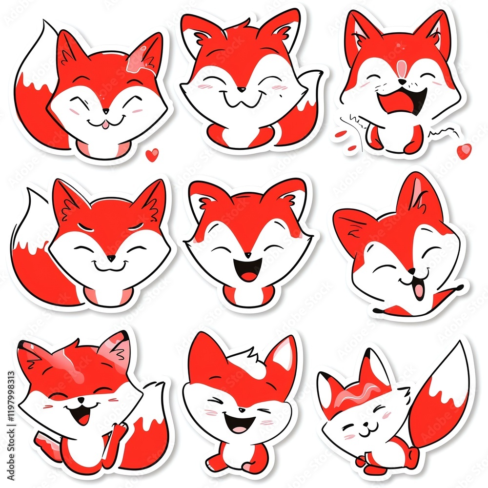 Fototapeta premium Nine cute red fox cartoon stickers on white