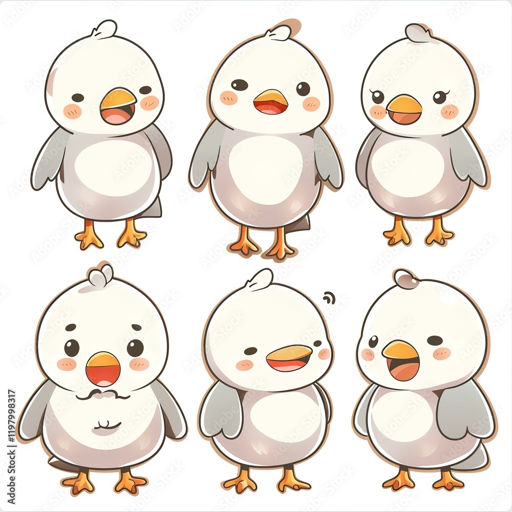 Fototapeta premium Six cute cartoon bird chicks posing; white background; children's book illustration