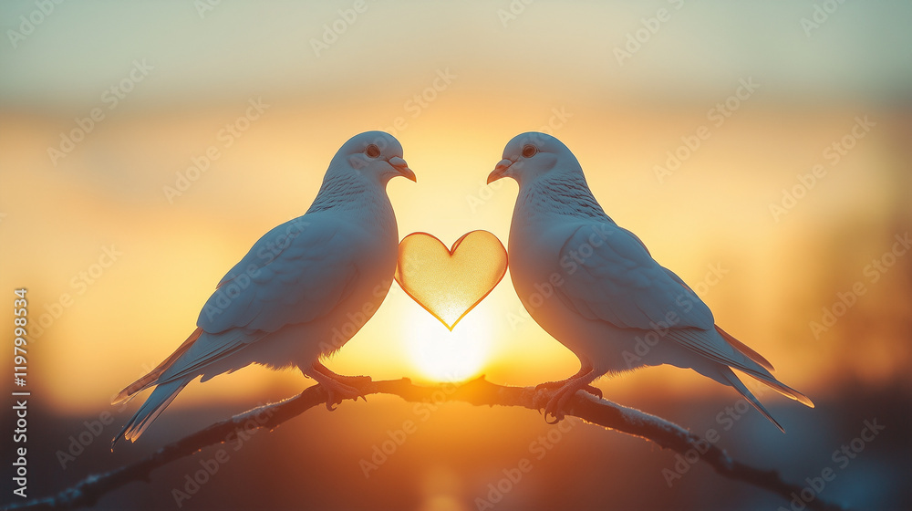 Silhouette of two doves holding a ribbon with a heart in the center, pastel sky background. Bright lighting, contrast with copy space for text Silhouette of two doves holding a ribbon with a heart in the center, pastel sky background. Bright lighting, contrast with copy space for text