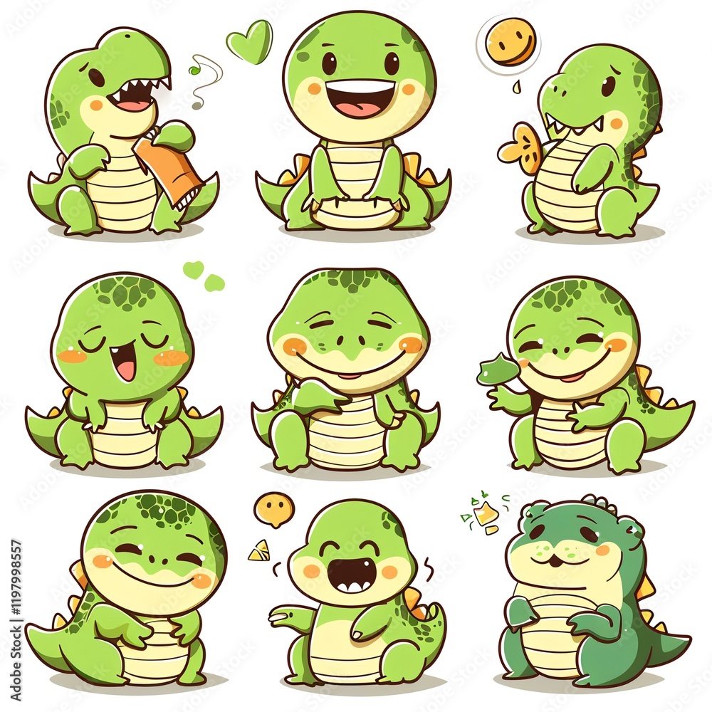 Obraz premium Cute cartoon dinosaurs eating snacks; white background; stickers; children's book illustration