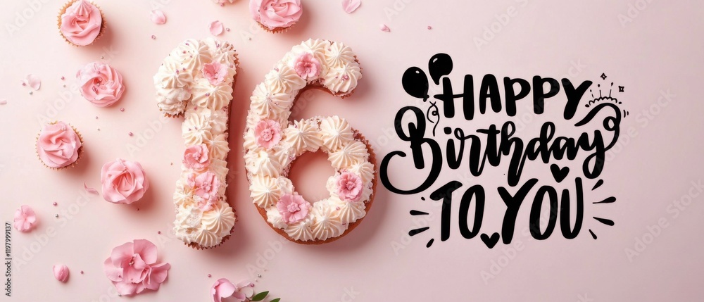 Naklejka premium Sweet Sixteen Birthday Cake with Cupcakes and Pink Flowers