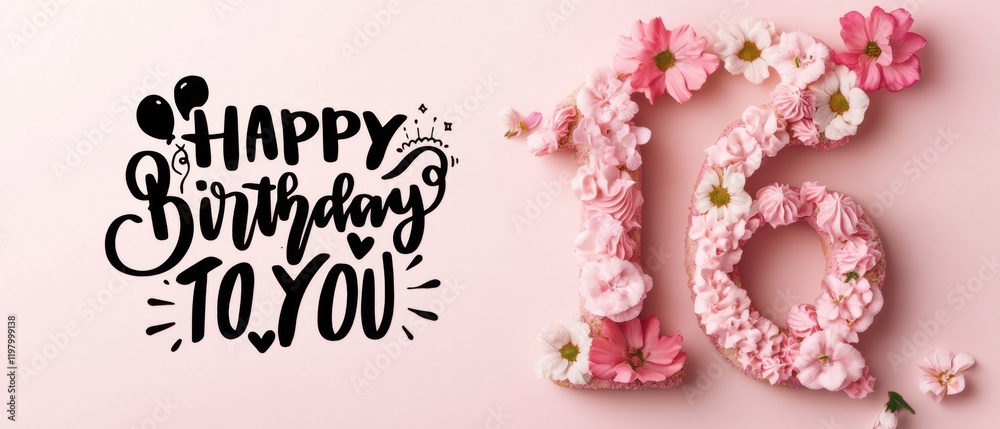 Naklejka premium Happy 16th Birthday Floral Cake Number Sixteen Sweet Sixteen Celebration