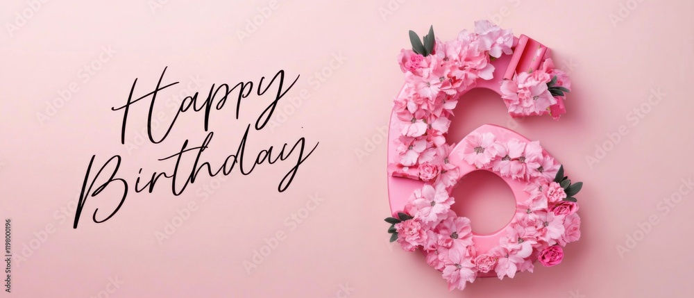 Naklejka premium Happy 6th Birthday Floral Number Six Pink Background Stock Photo