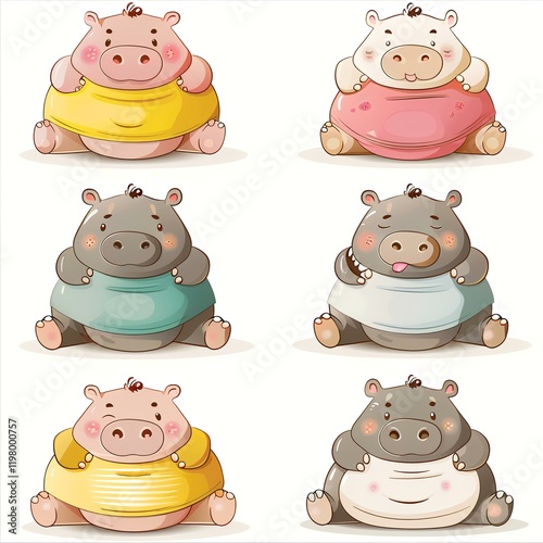 Adorable cartoon hippos in clothes, diverse poses, white background, for kids' book illustrations photo