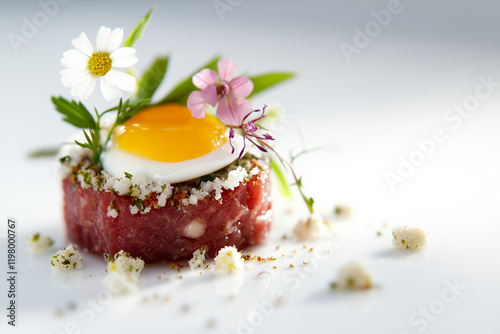 Tartare de bœuf avec un œuf et des fleurs photo