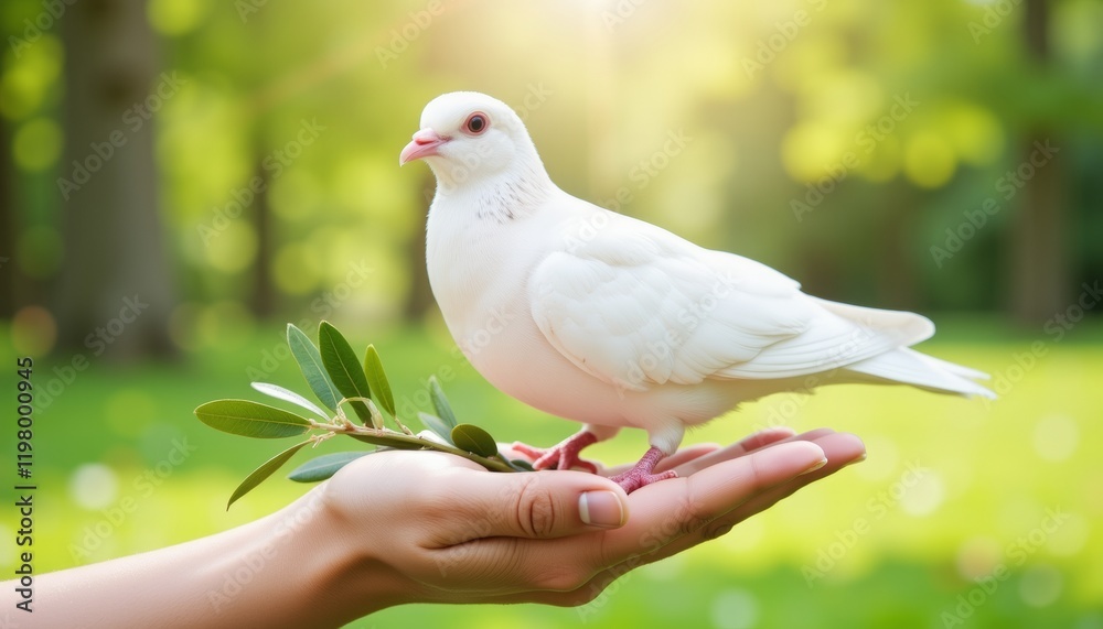 Obraz premium White dove holding olive branch in hand against green background