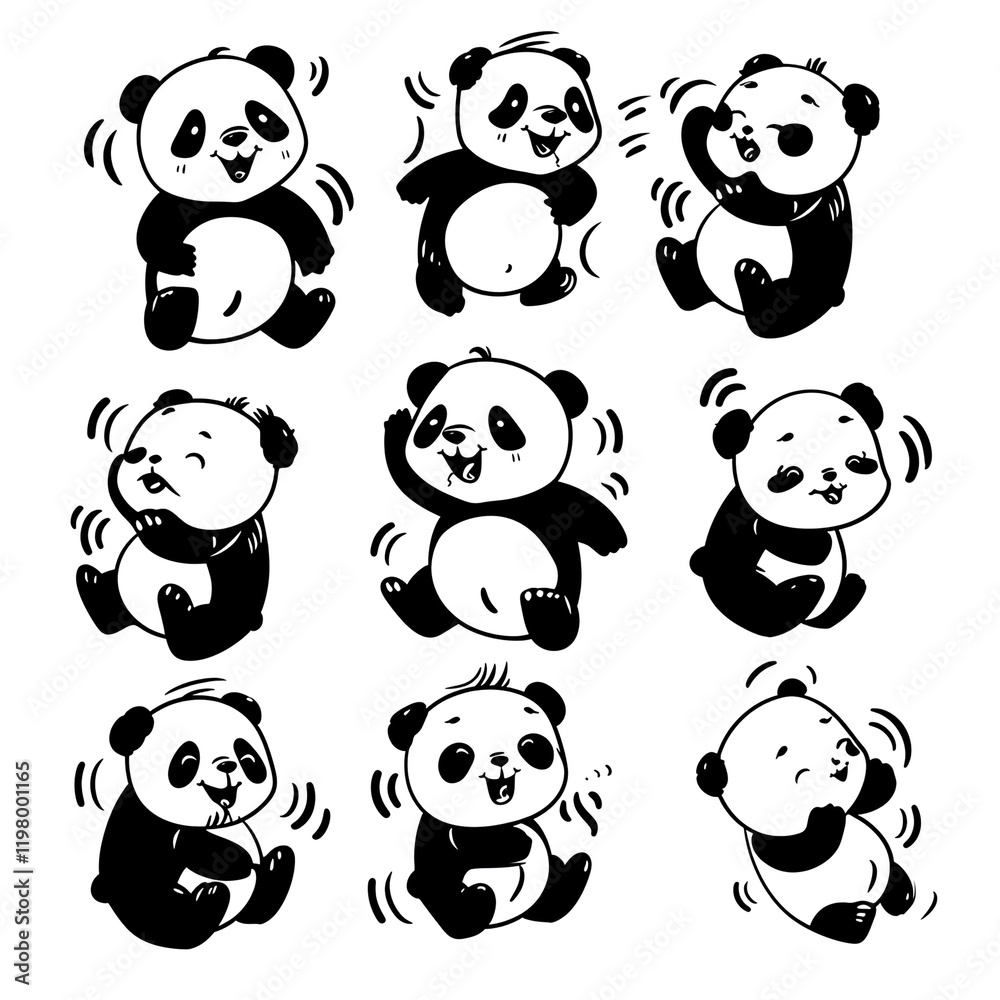 Naklejka premium Nine playful panda illustrations; white background; design elements; children's book