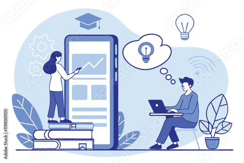 Online education, virtual classroom, e-learning platform, giant smartphone screen, video conference lecture, teacher presenting, students with laptops, digital knowledge sharing, books and educational