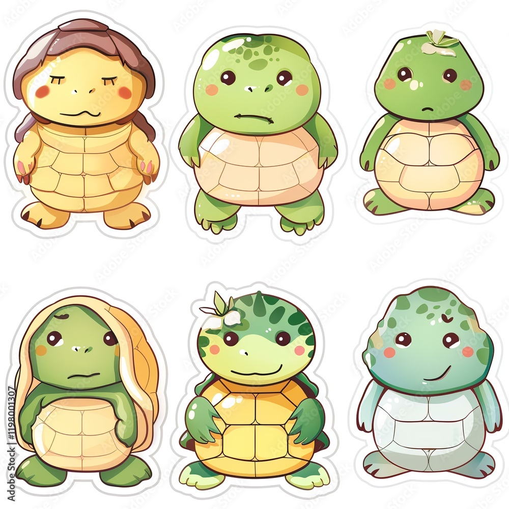 Obraz premium Adorable cartoon turtles stickers set, on white background, for kids' crafts