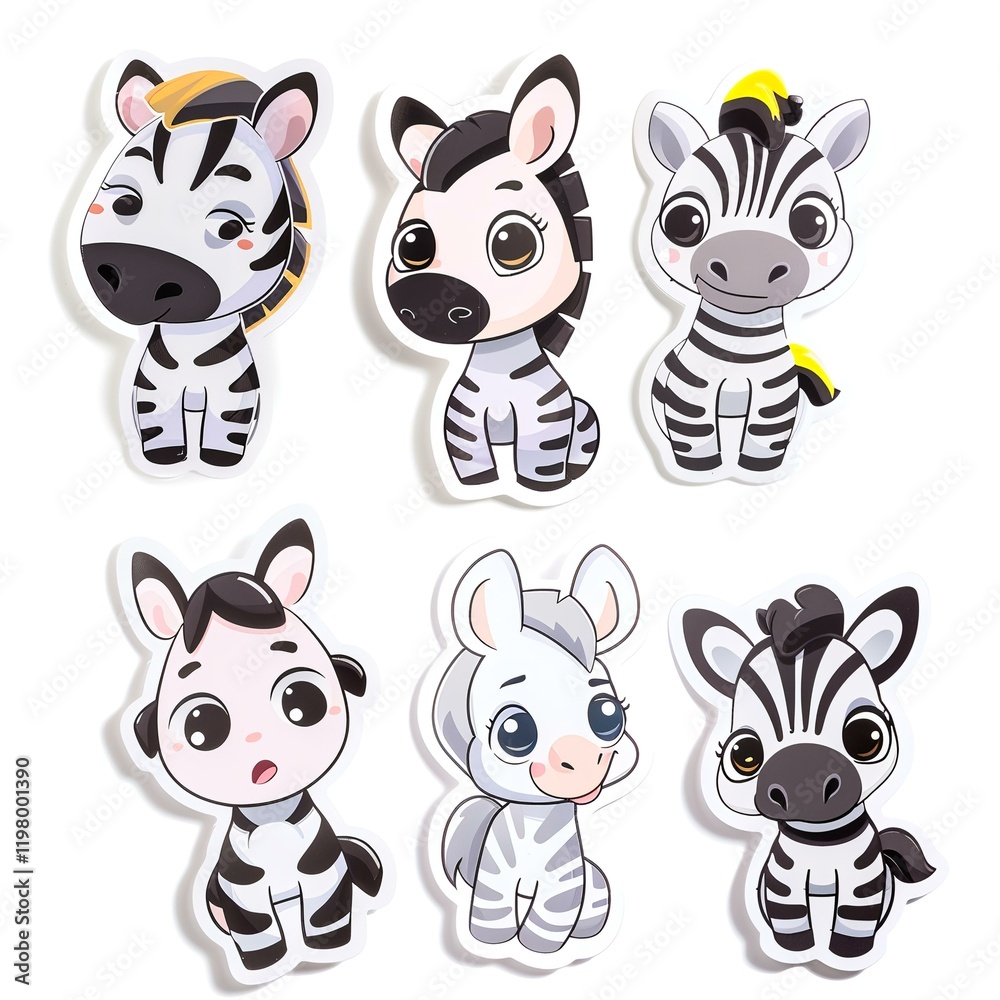 Obraz premium Six Cute Cartoon Zebras Posing on White Background for Kids' Designs