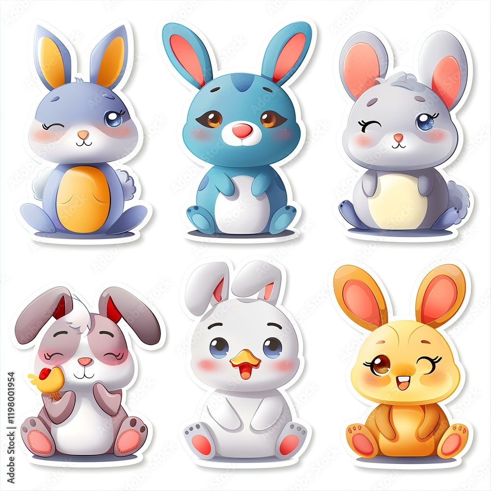 Fototapeta premium Adorable cartoon bunnies, digital stickers, white background, springtime design, children's crafts