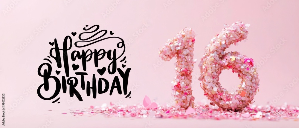Naklejka premium Sparkling Pink Sixteen: Happy 16th Birthday Glitter Celebration