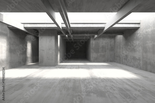 Modern industrial architecture with concrete beams and shadows in minimalist design. 3d render.