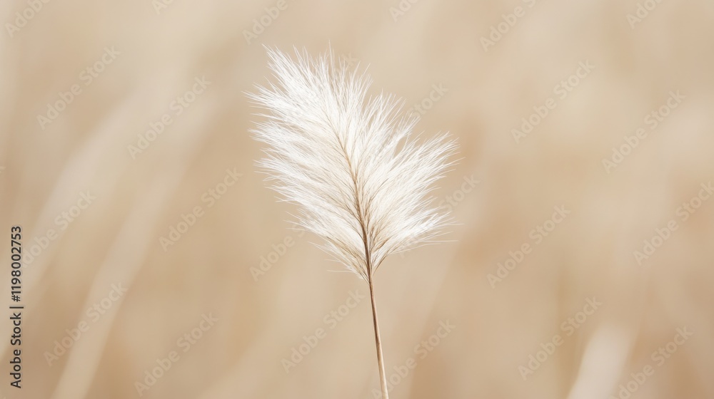 Single fluffy white grass seed head against blurred beige background. Single fluffy white grass seed head against blurred beige background.