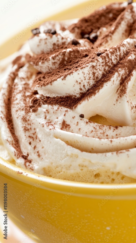 Fototapeta premium Tiramisu mousse with coffee-soaked layers, mascarpone mousse, and whipped cream, presented in a yellow bowl, rich and indulgent