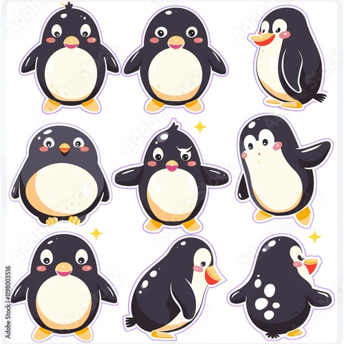 Cute penguin characters; various poses; white background; sticker sheet; children's book illustration