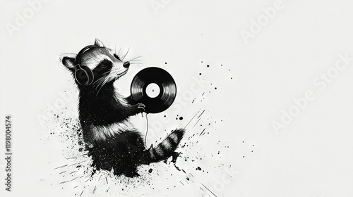   A drawing of a raccoon with one hand holding a record and the other holding a vinyl record