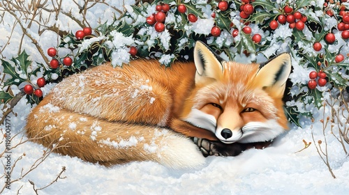   A fox rests in the snow beside a bush laden with red berries photo
