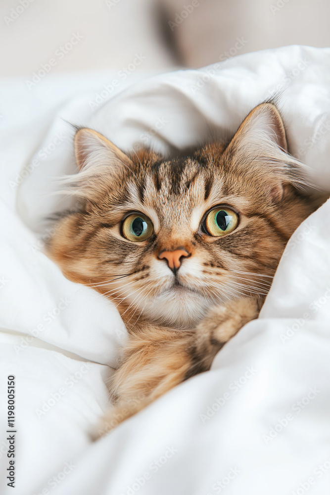 Naklejka premium Cat peeking under white cotton bedding sheet. Home textile and linen concept. Image for advertisement and textile branding. Banner view with copy space.