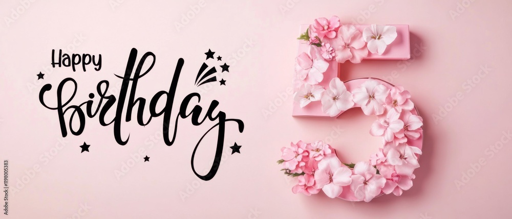 Naklejka premium Happy 5th Birthday Floral Number Five Pink Background Celebration