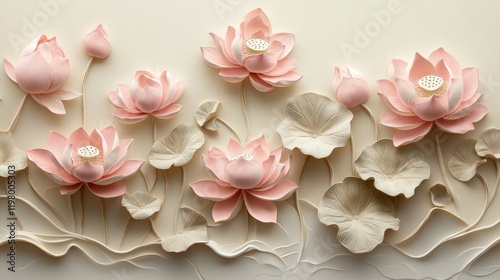 Fototapeta Naklejka Na Ścianę i Meble -  Pink lotus 3D wall art; serene background; home decor