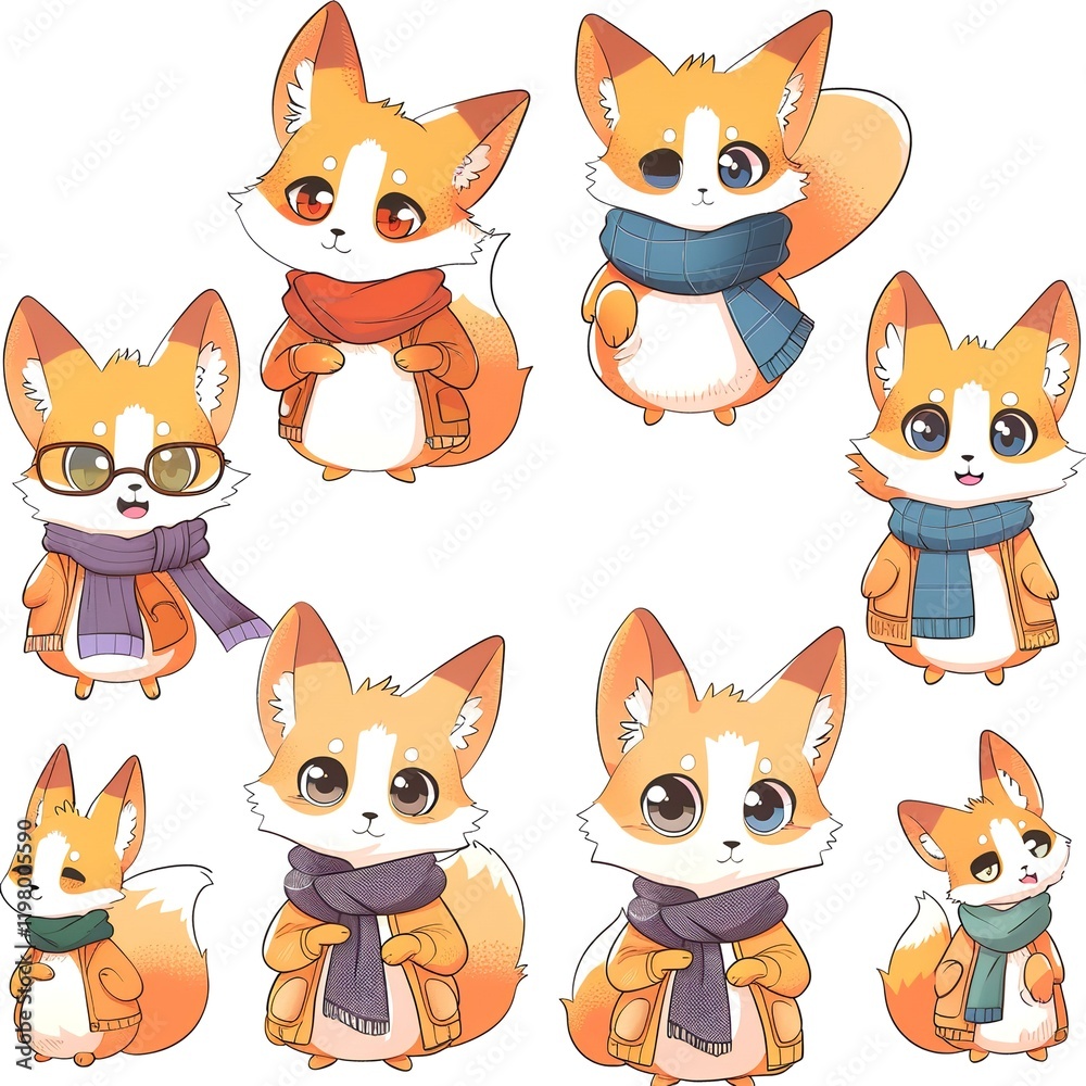 Fototapeta premium Adorable fox characters, winter scarves, white background, sticker sheet design
