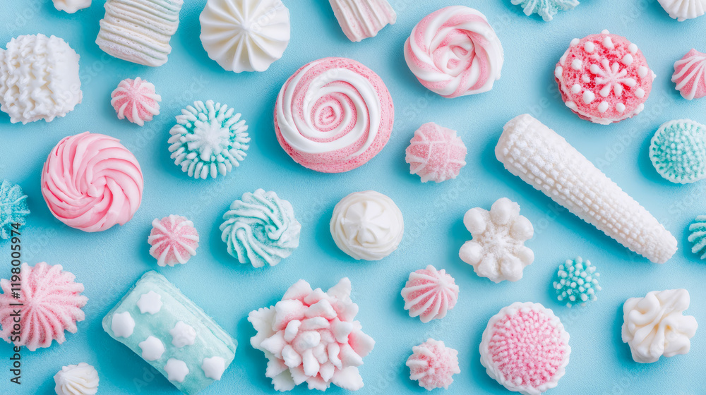Pastel-Colored Meringues on Blue Background: A Delightful Sweet Treat Arrangement Pastel-Colored Meringues on Blue Background: A Delightful Sweet Treat Arrangement