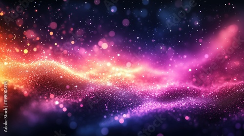 Colorful particles flowing and creating a wavy pattern on a vibrant rainbow gradient background, with bokeh effect, ideal for festive, celebratory, or magical-themed projects