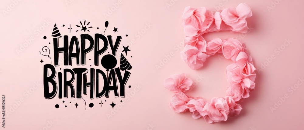 Naklejka premium Happy 5th Birthday Pink Floral Number Five with Festive Typography