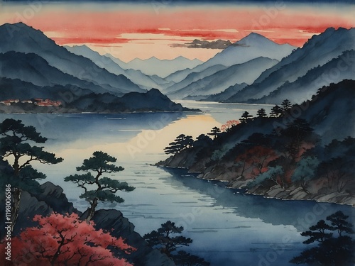 Mountain lights illuminate a tranquil evening landscape