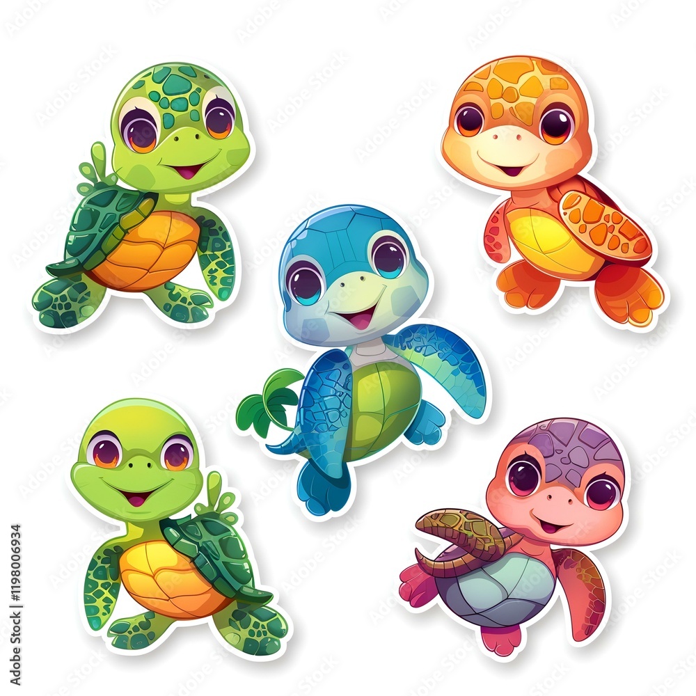 Fototapeta premium Adorable cartoon turtles; ocean background; cute characters; children's book illustration